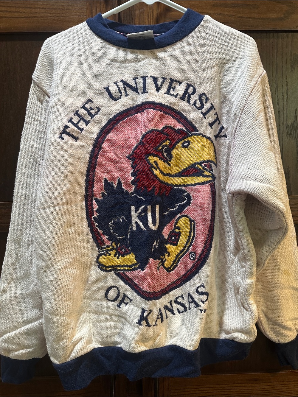 Cream KU Jayhawks Vintage Crewneck Sweater with Navy Trim